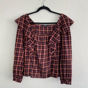 Madewell Ruffle Square Neck Blouse in Peach & Black Plaid Size Sz Fall Cabincore
